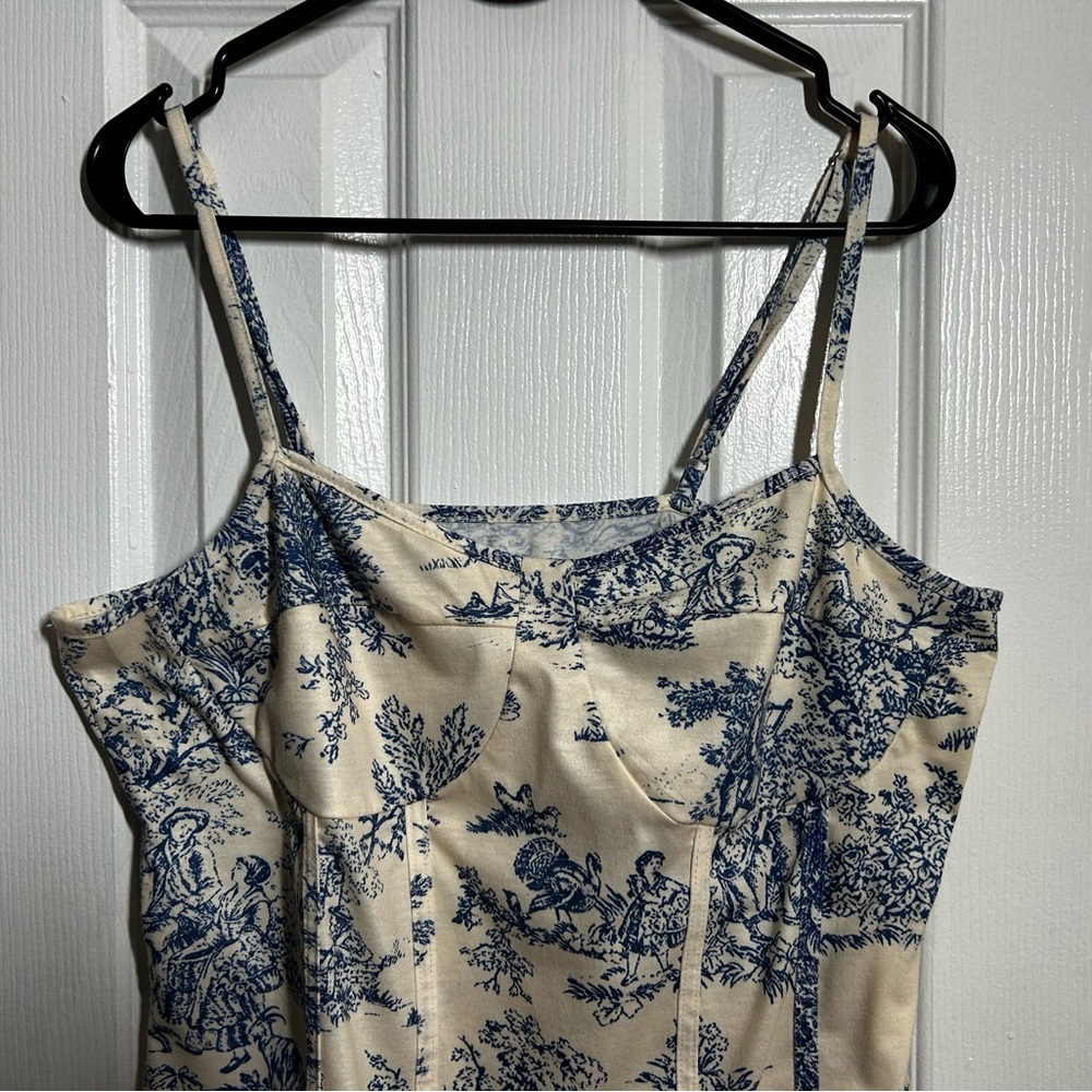 Cider Corset 1XL Bodysuit Toile Print Blue White Bustier Top Cottagecore - Picture 10 of 12